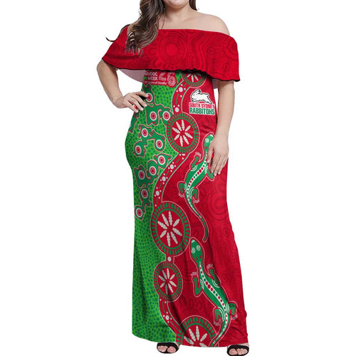 South Sydney Rabbitohs NAIDOC Week 2026 Off Shoulder Maxi Dress Aboriginal Lizard Dot Painting - 50 Years of Deadly