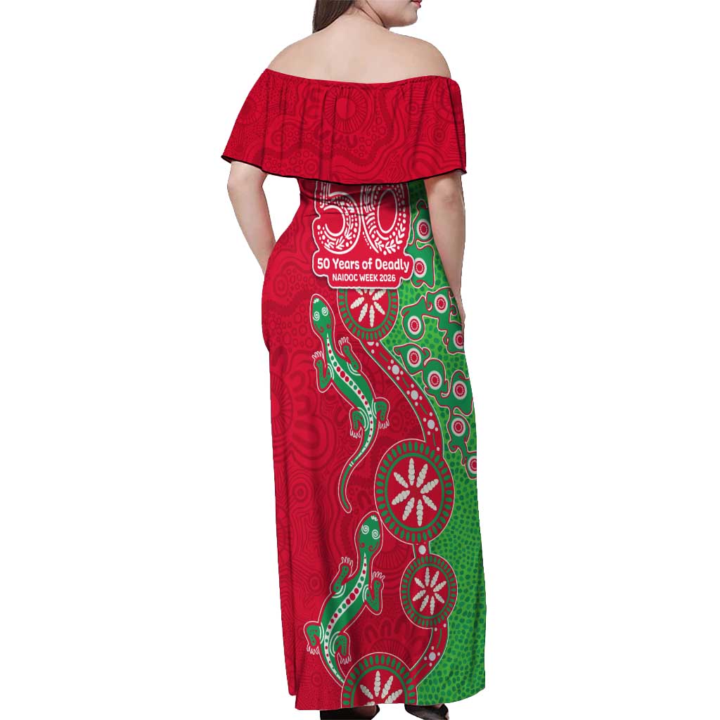 South Sydney Rabbitohs NAIDOC Week 2026 Off Shoulder Maxi Dress Aboriginal Lizard Dot Painting - 50 Years of Deadly