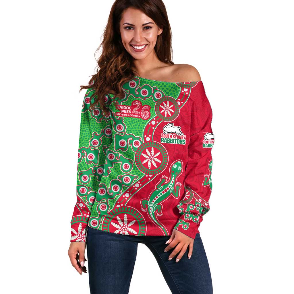 South Sydney Rabbitohs NAIDOC Week 2026 Off Shoulder Sweater Aboriginal Lizard Dot Painting - 50 Years of Deadly