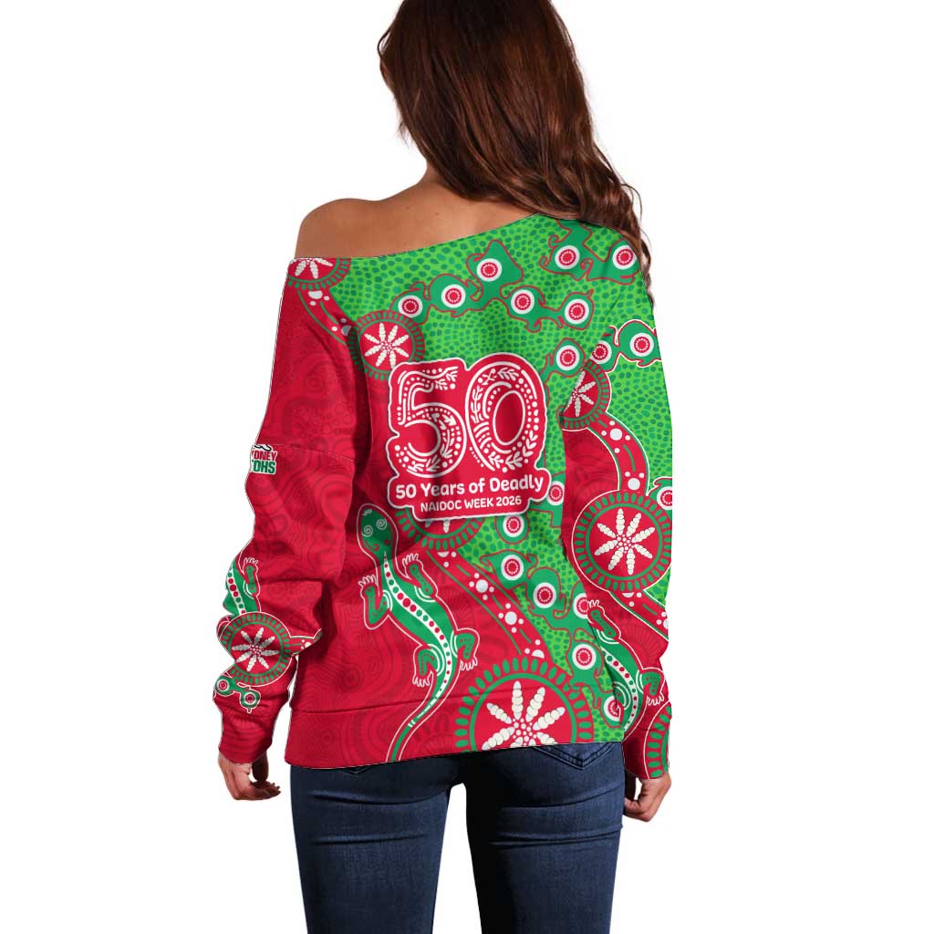 South Sydney Rabbitohs NAIDOC Week 2026 Off Shoulder Sweater Aboriginal Lizard Dot Painting - 50 Years of Deadly
