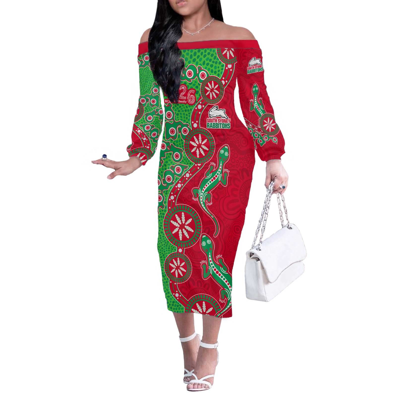 South Sydney Rabbitohs NAIDOC Week 2026 Off The Shoulder Long Sleeve Dress Aboriginal Lizard Dot Painting - 50 Years of Deadly