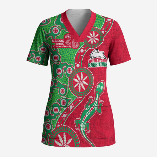 South Sydney Rabbitohs NAIDOC Week 2026 Scrub Top Aboriginal Lizard Dot Painting - 50 Years of Deadly