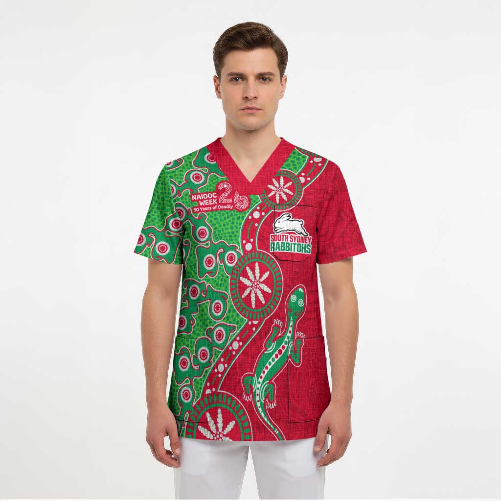 South Sydney Rabbitohs NAIDOC Week 2026 Scrub Top Aboriginal Lizard Dot Painting - 50 Years of Deadly
