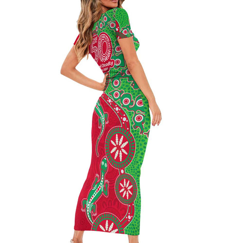 South Sydney Rabbitohs NAIDOC Week 2026 Short Sleeve Bodycon Dress Aboriginal Lizard Dot Painting - 50 Years of Deadly