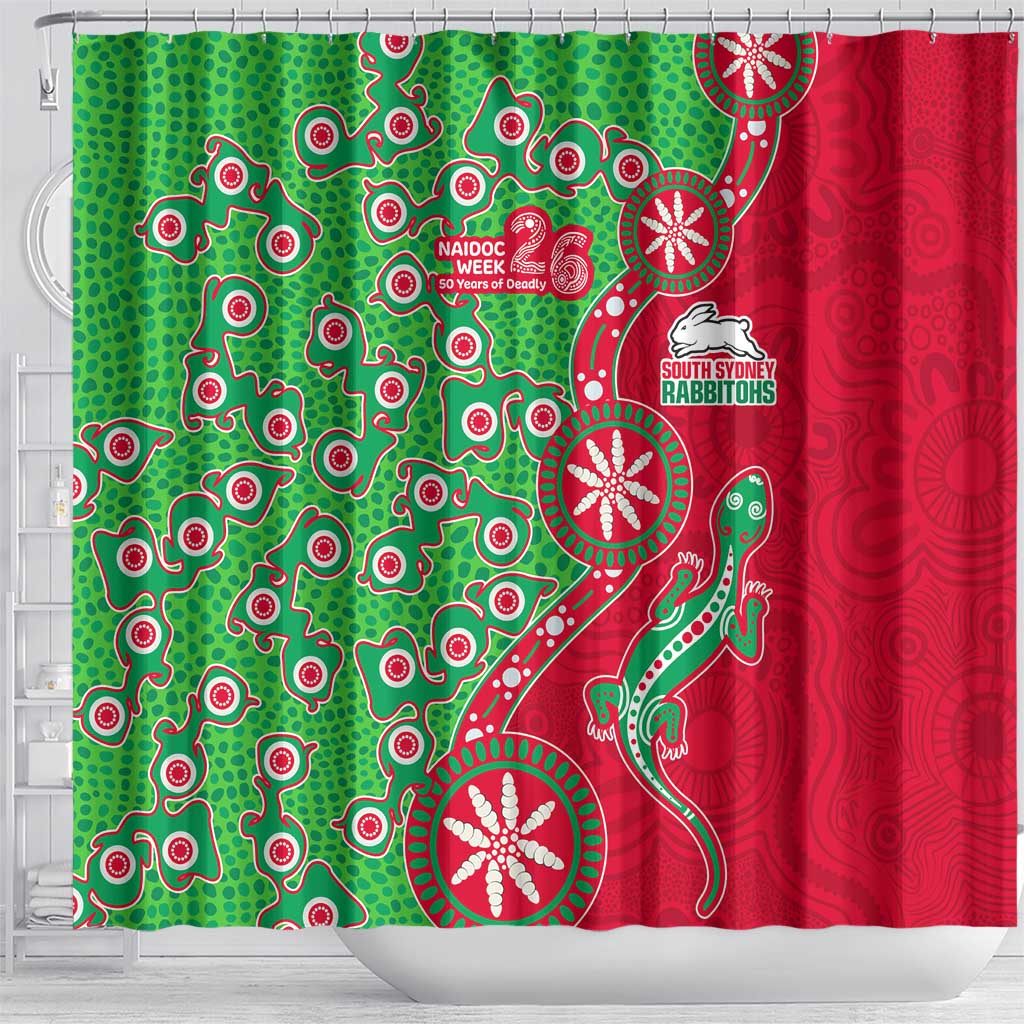 South Sydney Rabbitohs NAIDOC Week 2026 Shower Curtain Aboriginal Lizard Dot Painting - 50 Years of Deadly