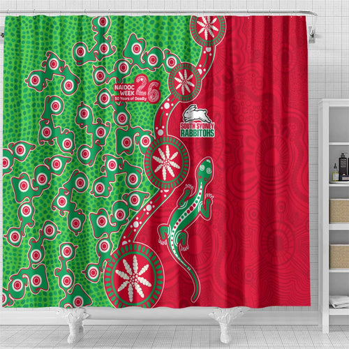 South Sydney Rabbitohs NAIDOC Week 2026 Shower Curtain Aboriginal Lizard Dot Painting - 50 Years of Deadly