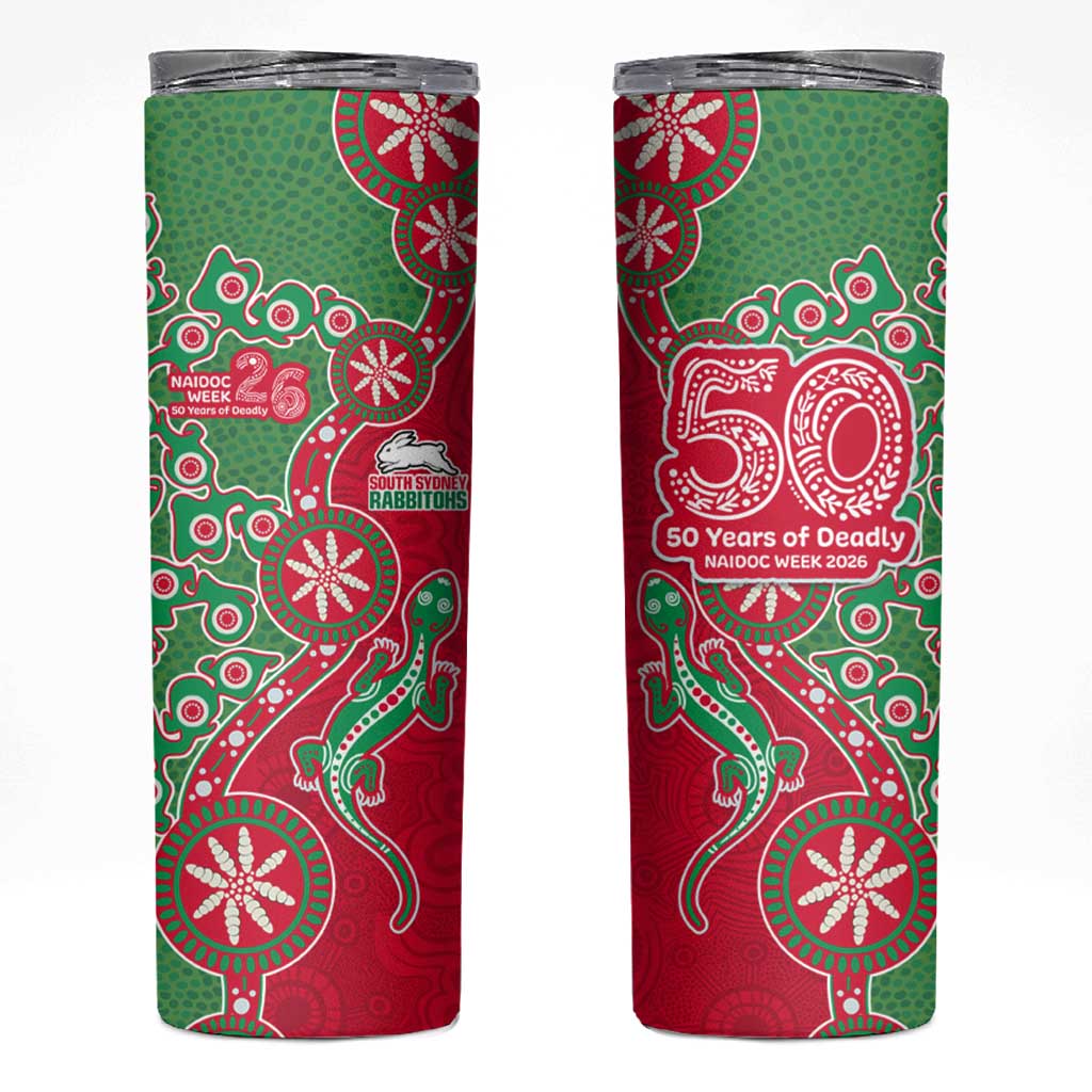 South Sydney Rabbitohs NAIDOC Week 2026 Skinny Tumbler Aboriginal Lizard Dot Painting - 50 Years of Deadly