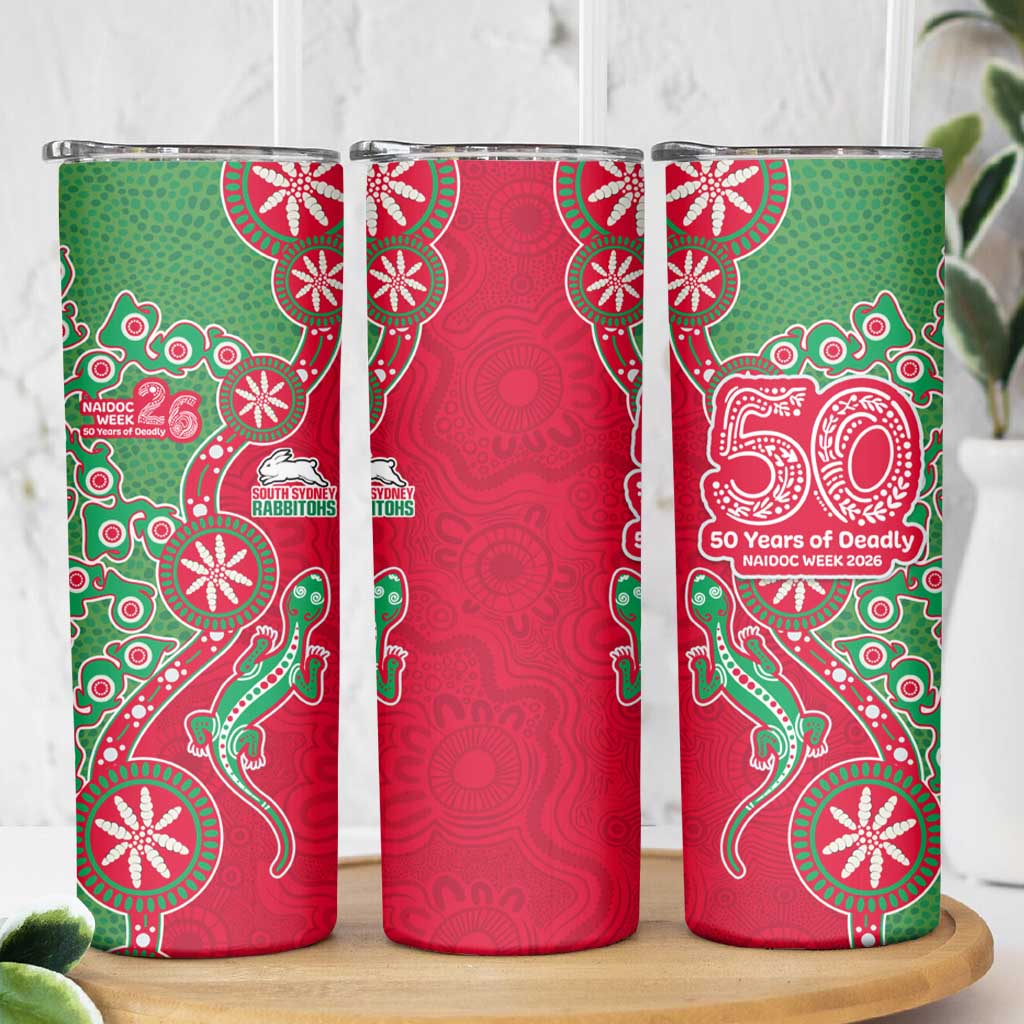 South Sydney Rabbitohs NAIDOC Week 2026 Skinny Tumbler Aboriginal Lizard Dot Painting - 50 Years of Deadly