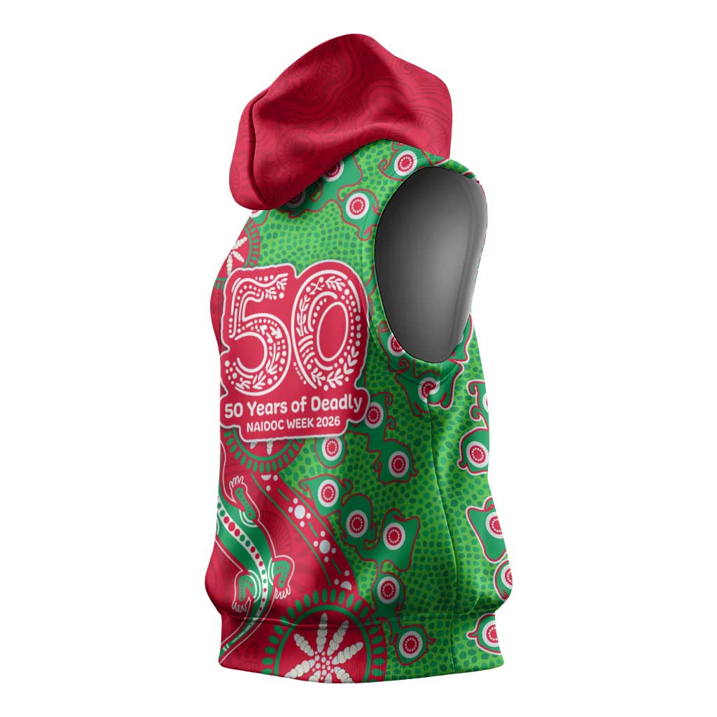 South Sydney Rabbitohs NAIDOC Week 2026 Sleeveless Hoodie Aboriginal Lizard Dot Painting - 50 Years of Deadly