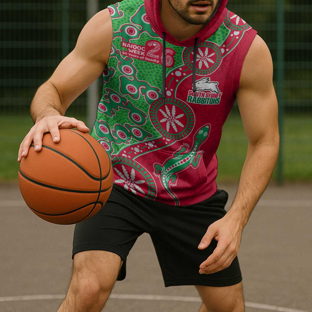 South Sydney Rabbitohs NAIDOC Week 2026 Sleeveless Hoodie Aboriginal Lizard Dot Painting - 50 Years of Deadly