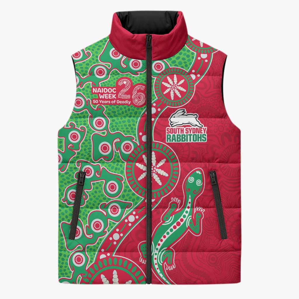 South Sydney Rabbitohs NAIDOC Week 2026 Sleeveless Puffer Jacket Aboriginal Lizard Dot Painting - 50 Years of Deadly