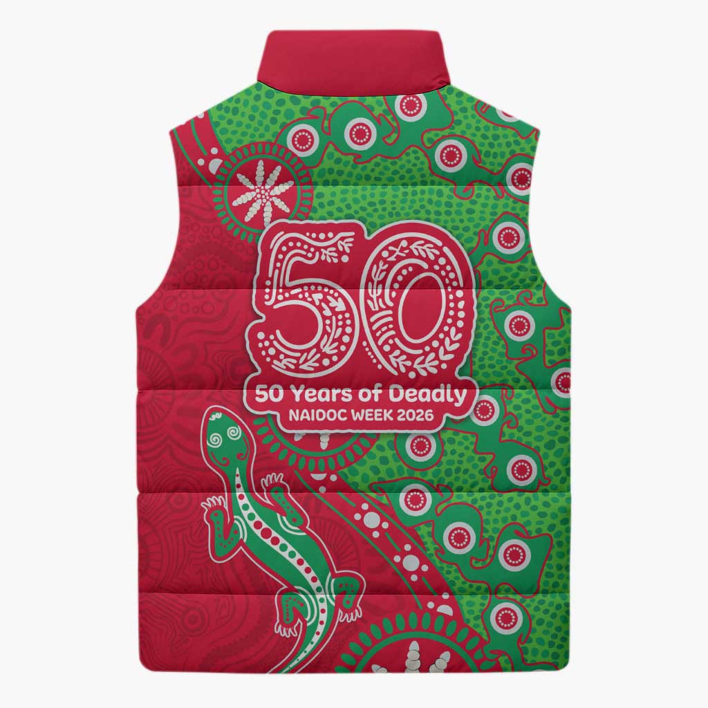 South Sydney Rabbitohs NAIDOC Week 2026 Sleeveless Puffer Jacket Aboriginal Lizard Dot Painting - 50 Years of Deadly