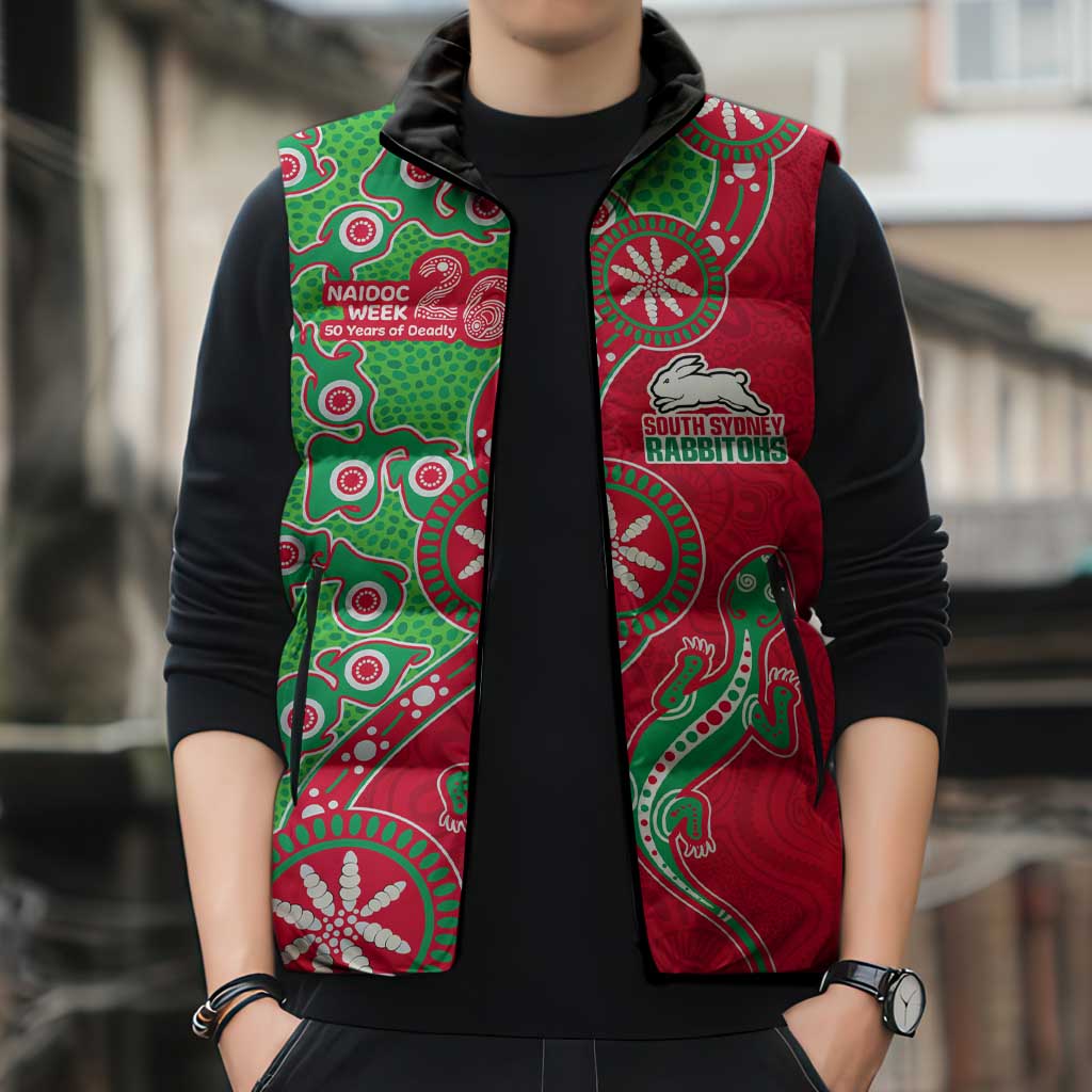 South Sydney Rabbitohs NAIDOC Week 2026 Sleeveless Puffer Jacket Aboriginal Lizard Dot Painting - 50 Years of Deadly