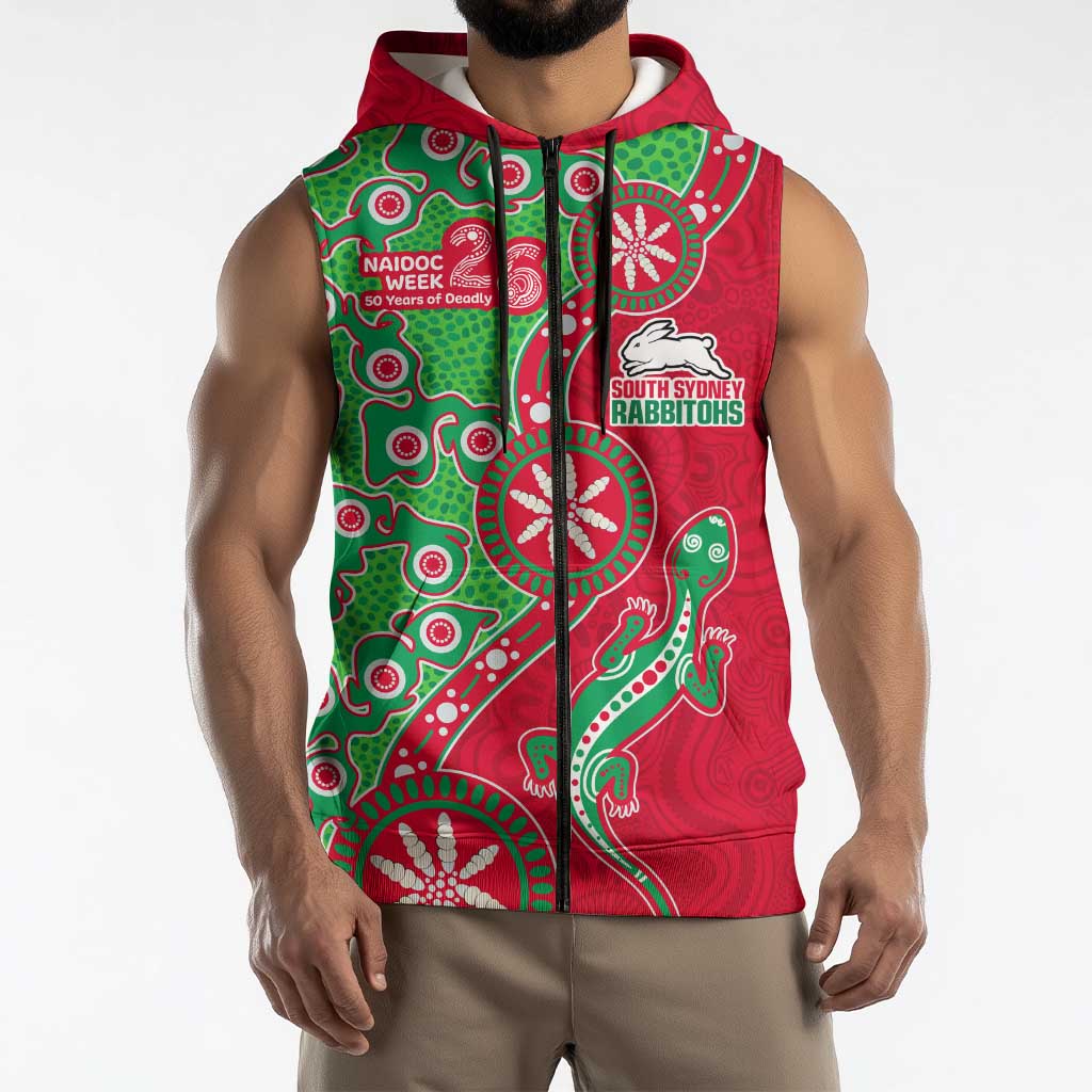 South Sydney Rabbitohs NAIDOC Week 2026 Sleeveless Zip Hoodie Aboriginal Lizard Dot Painting - 50 Years of Deadly