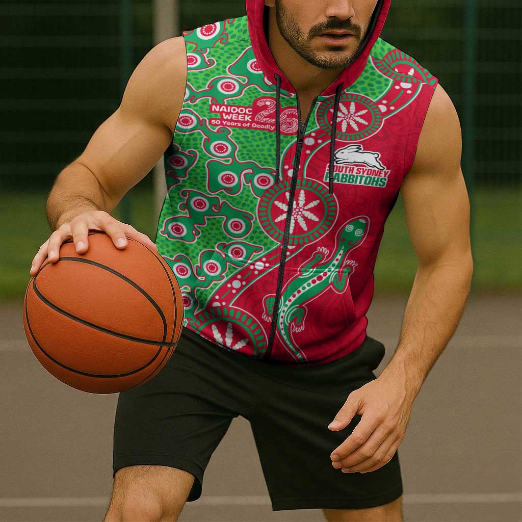 South Sydney Rabbitohs NAIDOC Week 2026 Sleeveless Zip Hoodie Aboriginal Lizard Dot Painting - 50 Years of Deadly