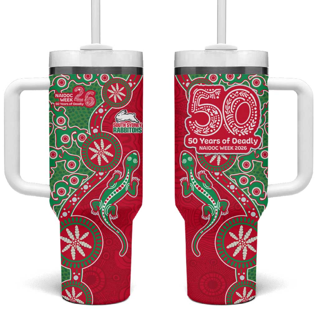 South Sydney Rabbitohs NAIDOC Week 2026 Tumbler With Handle Aboriginal Lizard Dot Painting - 50 Years of Deadly