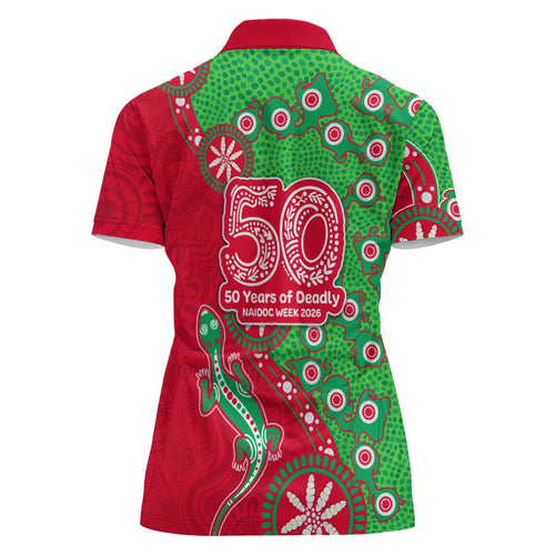 South Sydney Rabbitohs NAIDOC Week 2026 Women Polo Shirt Aboriginal Lizard Dot Painting - 50 Years of Deadly