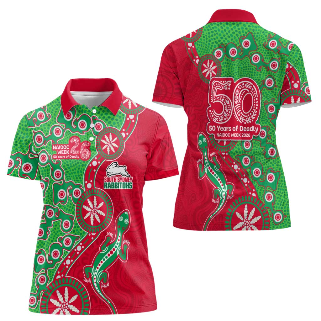 South Sydney Rabbitohs NAIDOC Week 2026 Women Polo Shirt Aboriginal Lizard Dot Painting - 50 Years of Deadly