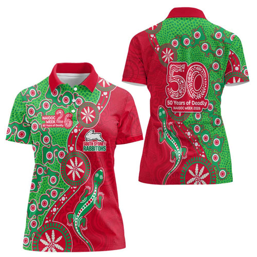 South Sydney Rabbitohs NAIDOC Week 2026 Women Polo Shirt Aboriginal Lizard Dot Painting - 50 Years of Deadly