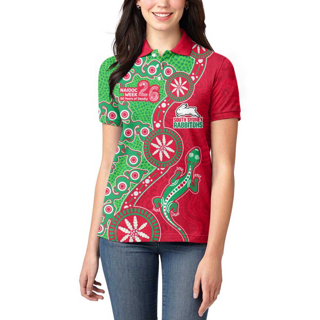 South Sydney Rabbitohs NAIDOC Week 2026 Women Polo Shirt Aboriginal Lizard Dot Painting - 50 Years of Deadly