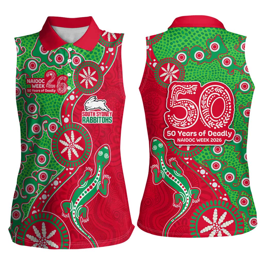 South Sydney Rabbitohs NAIDOC Week 2026 Women Sleeveless Polo Shirt Aboriginal Lizard Dot Painting - 50 Years of Deadly
