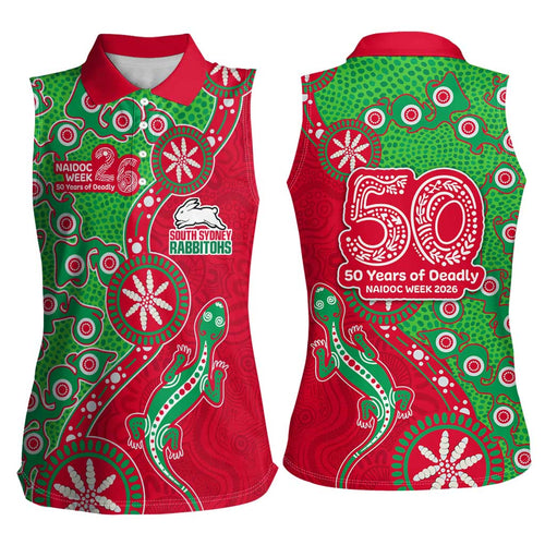 South Sydney Rabbitohs NAIDOC Week 2026 Women Sleeveless Polo Shirt Aboriginal Lizard Dot Painting - 50 Years of Deadly