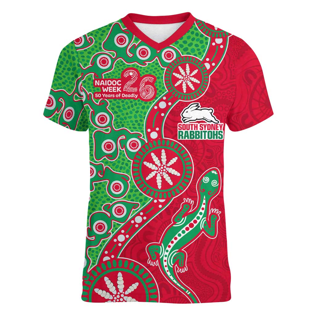South Sydney Rabbitohs NAIDOC Week 2026 Women V-Neck T-Shirt Aboriginal Lizard Dot Painting - 50 Years of Deadly