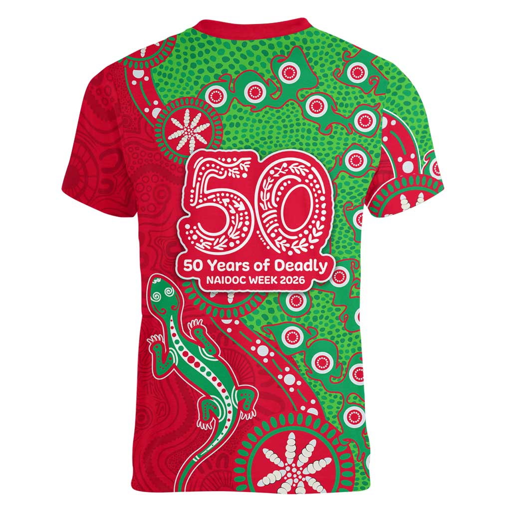 South Sydney Rabbitohs NAIDOC Week 2026 Women V-Neck T-Shirt Aboriginal Lizard Dot Painting - 50 Years of Deadly