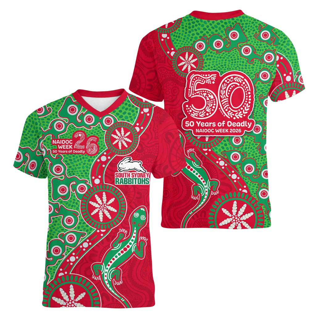 South Sydney Rabbitohs NAIDOC Week 2026 Women V-Neck T-Shirt Aboriginal Lizard Dot Painting - 50 Years of Deadly