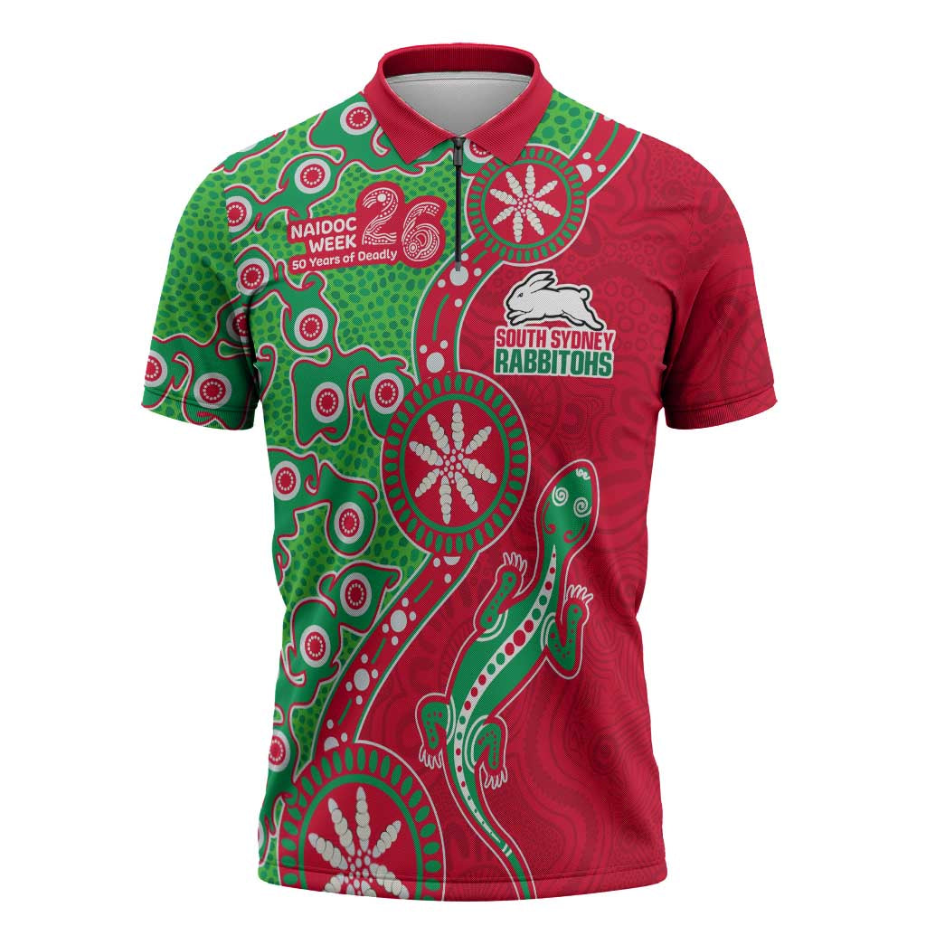South Sydney Rabbitohs NAIDOC Week 2026 Zipper Polo Shirt Aboriginal Lizard Dot Painting - 50 Years of Deadly