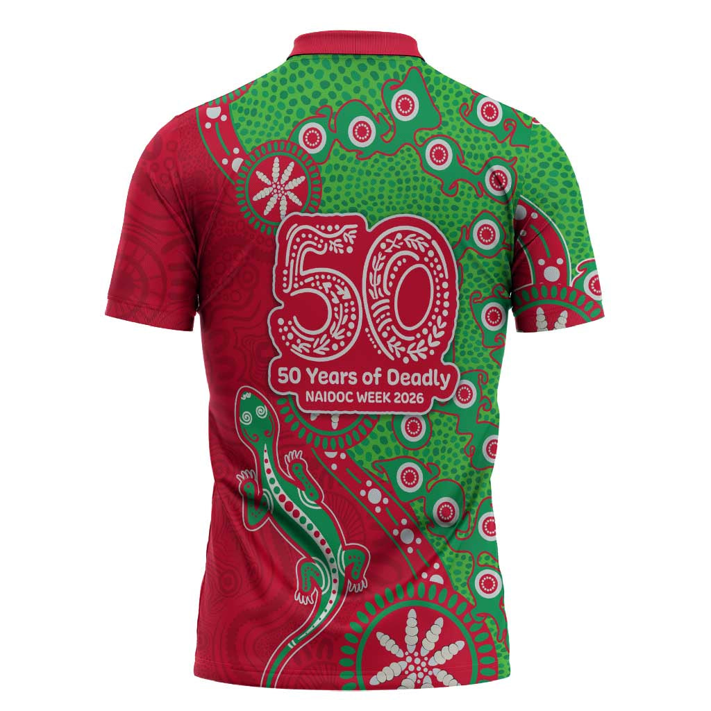 South Sydney Rabbitohs NAIDOC Week 2026 Zipper Polo Shirt Aboriginal Lizard Dot Painting - 50 Years of Deadly