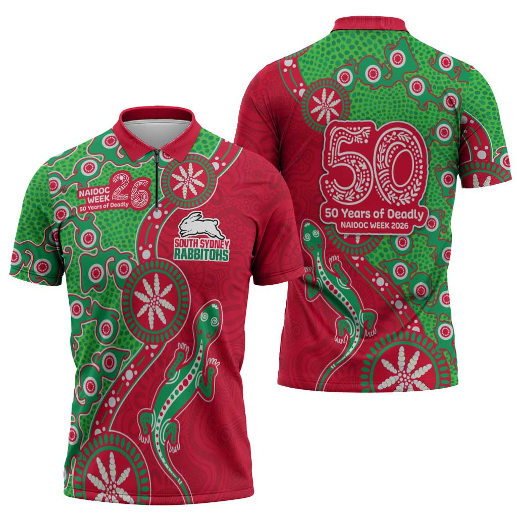 South Sydney Rabbitohs NAIDOC Week 2026 Zipper Polo Shirt Aboriginal Lizard Dot Painting - 50 Years of Deadly