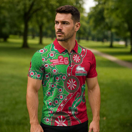 South Sydney Rabbitohs NAIDOC Week 2026 Zipper Polo Shirt Aboriginal Lizard Dot Painting - 50 Years of Deadly