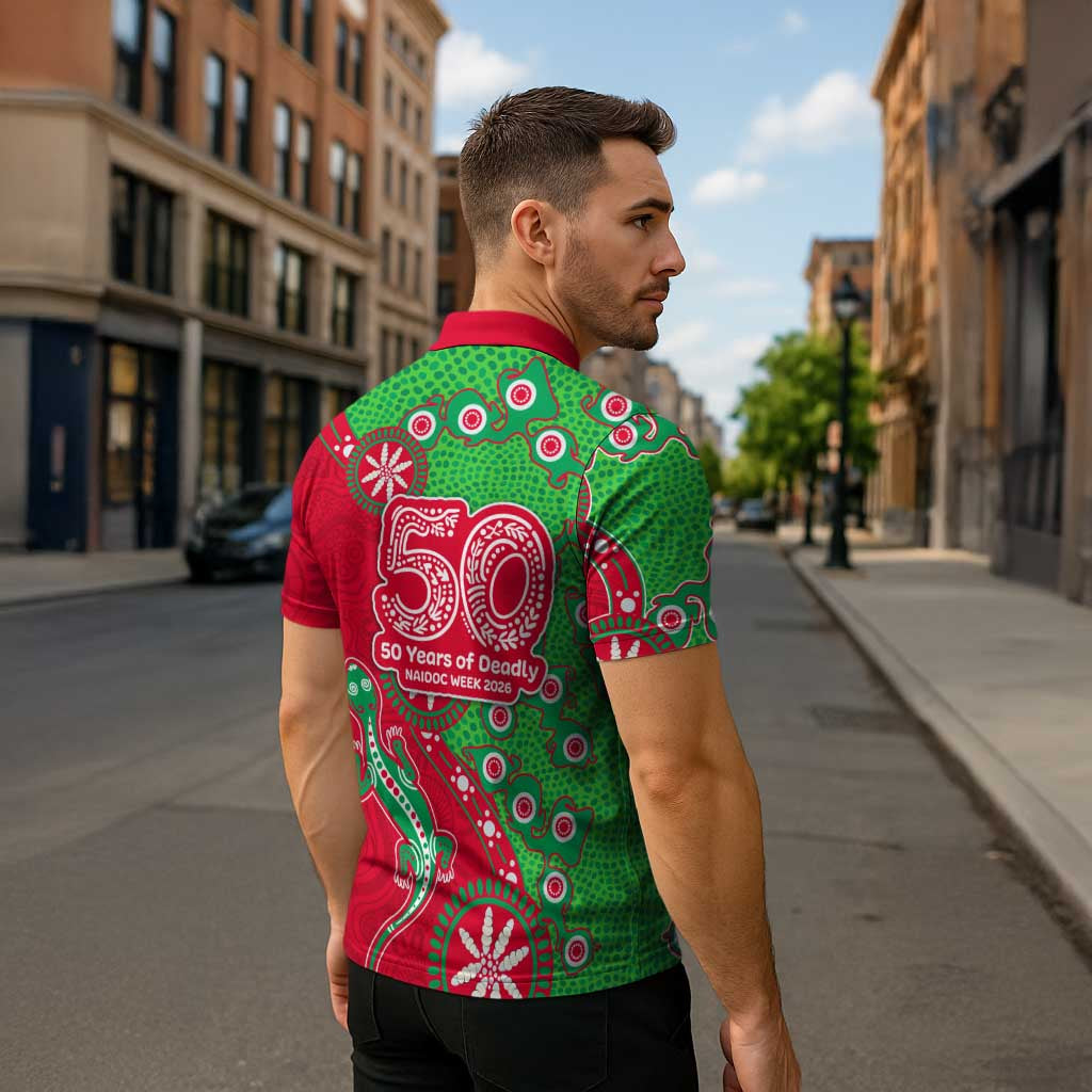 South Sydney Rabbitohs NAIDOC Week 2026 Zipper Polo Shirt Aboriginal Lizard Dot Painting - 50 Years of Deadly