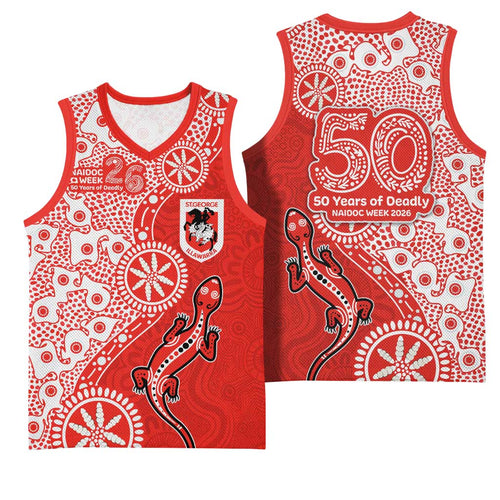 St George Illawarra Dragons NAIDOC Week 2026 Basketball Jersey Aboriginal Lizard Dot Painting - 50 Years of Deadly