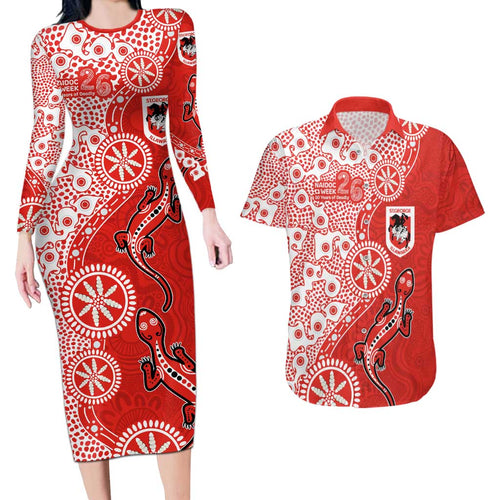 St George Illawarra Dragons NAIDOC Week 2026 Couples Matching Long Sleeve Bodycon Dress and Hawaiian Shirt Aboriginal Lizard Dot Painting - 50 Years of Deadly