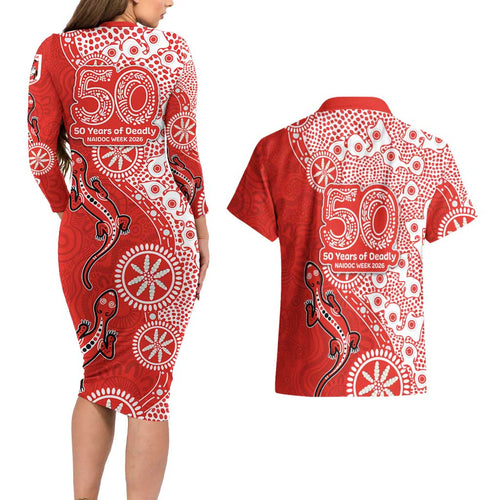 St George Illawarra Dragons NAIDOC Week 2026 Couples Matching Long Sleeve Bodycon Dress and Hawaiian Shirt Aboriginal Lizard Dot Painting - 50 Years of Deadly