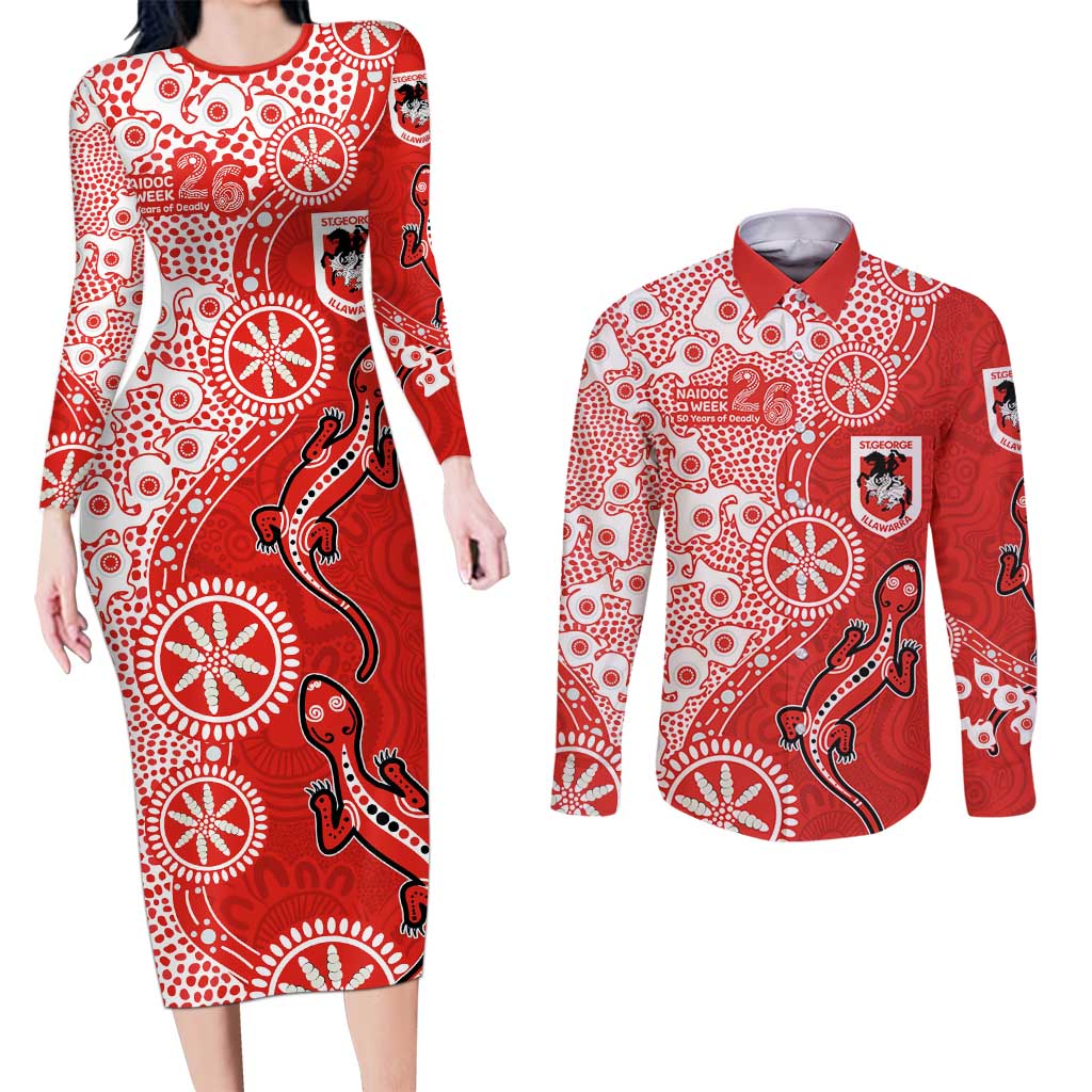 St George Illawarra Dragons NAIDOC Week 2026 Couples Matching Long Sleeve Bodycon Dress and Long Sleeve Button Shirt Aboriginal Lizard Dot Painting - 50 Years of Deadly