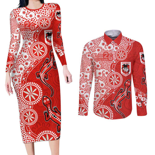 St George Illawarra Dragons NAIDOC Week 2026 Couples Matching Long Sleeve Bodycon Dress and Long Sleeve Button Shirt Aboriginal Lizard Dot Painting - 50 Years of Deadly