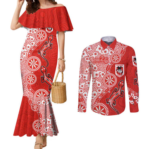 St George Illawarra Dragons NAIDOC Week 2026 Couples Matching Mermaid Dress and Long Sleeve Button Shirt Aboriginal Lizard Dot Painting - 50 Years of Deadly
