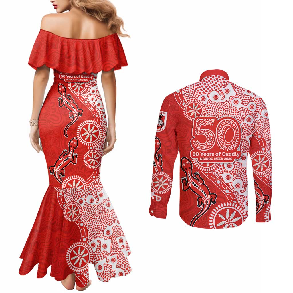 St George Illawarra Dragons NAIDOC Week 2026 Couples Matching Mermaid Dress and Long Sleeve Button Shirt Aboriginal Lizard Dot Painting - 50 Years of Deadly