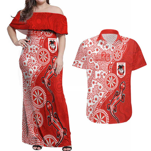 St George Illawarra Dragons NAIDOC Week 2026 Couples Matching Off Shoulder Maxi Dress and Hawaiian Shirt Aboriginal Lizard Dot Painting - 50 Years of Deadly