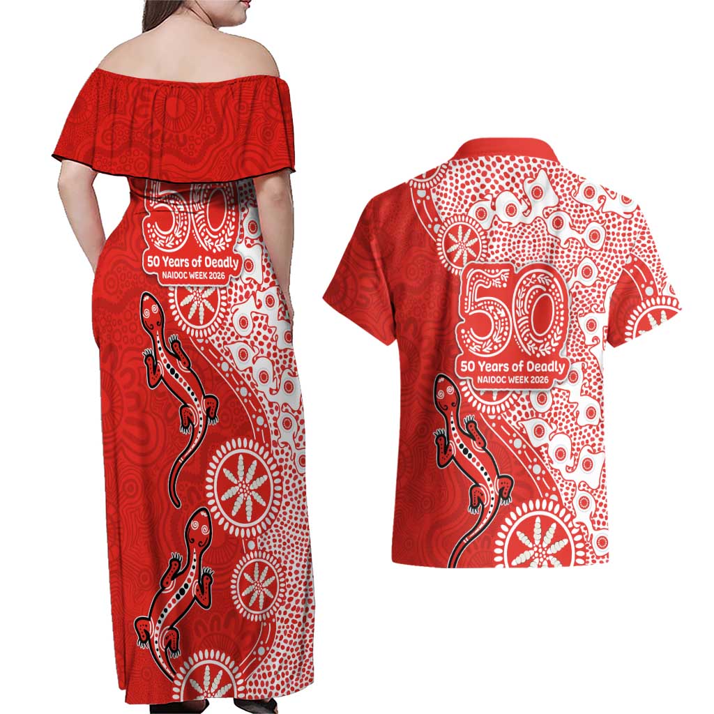 St George Illawarra Dragons NAIDOC Week 2026 Couples Matching Off Shoulder Maxi Dress and Hawaiian Shirt Aboriginal Lizard Dot Painting - 50 Years of Deadly