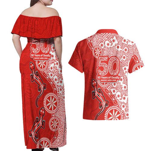 St George Illawarra Dragons NAIDOC Week 2026 Couples Matching Off Shoulder Maxi Dress and Hawaiian Shirt Aboriginal Lizard Dot Painting - 50 Years of Deadly