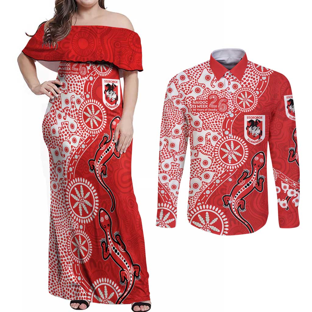 St George Illawarra Dragons NAIDOC Week 2026 Couples Matching Off Shoulder Maxi Dress and Long Sleeve Button Shirt Aboriginal Lizard Dot Painting - 50 Years of Deadly