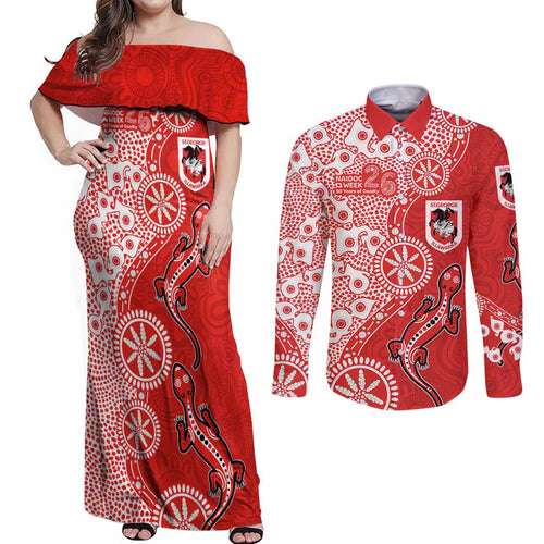 St George Illawarra Dragons NAIDOC Week 2026 Couples Matching Off Shoulder Maxi Dress and Long Sleeve Button Shirt Aboriginal Lizard Dot Painting - 50 Years of Deadly
