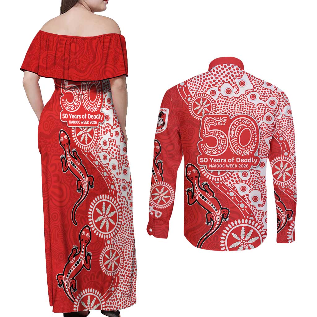 St George Illawarra Dragons NAIDOC Week 2026 Couples Matching Off Shoulder Maxi Dress and Long Sleeve Button Shirt Aboriginal Lizard Dot Painting - 50 Years of Deadly