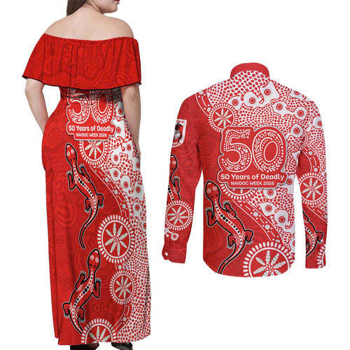 St George Illawarra Dragons NAIDOC Week 2026 Couples Matching Off Shoulder Maxi Dress and Long Sleeve Button Shirt Aboriginal Lizard Dot Painting - 50 Years of Deadly