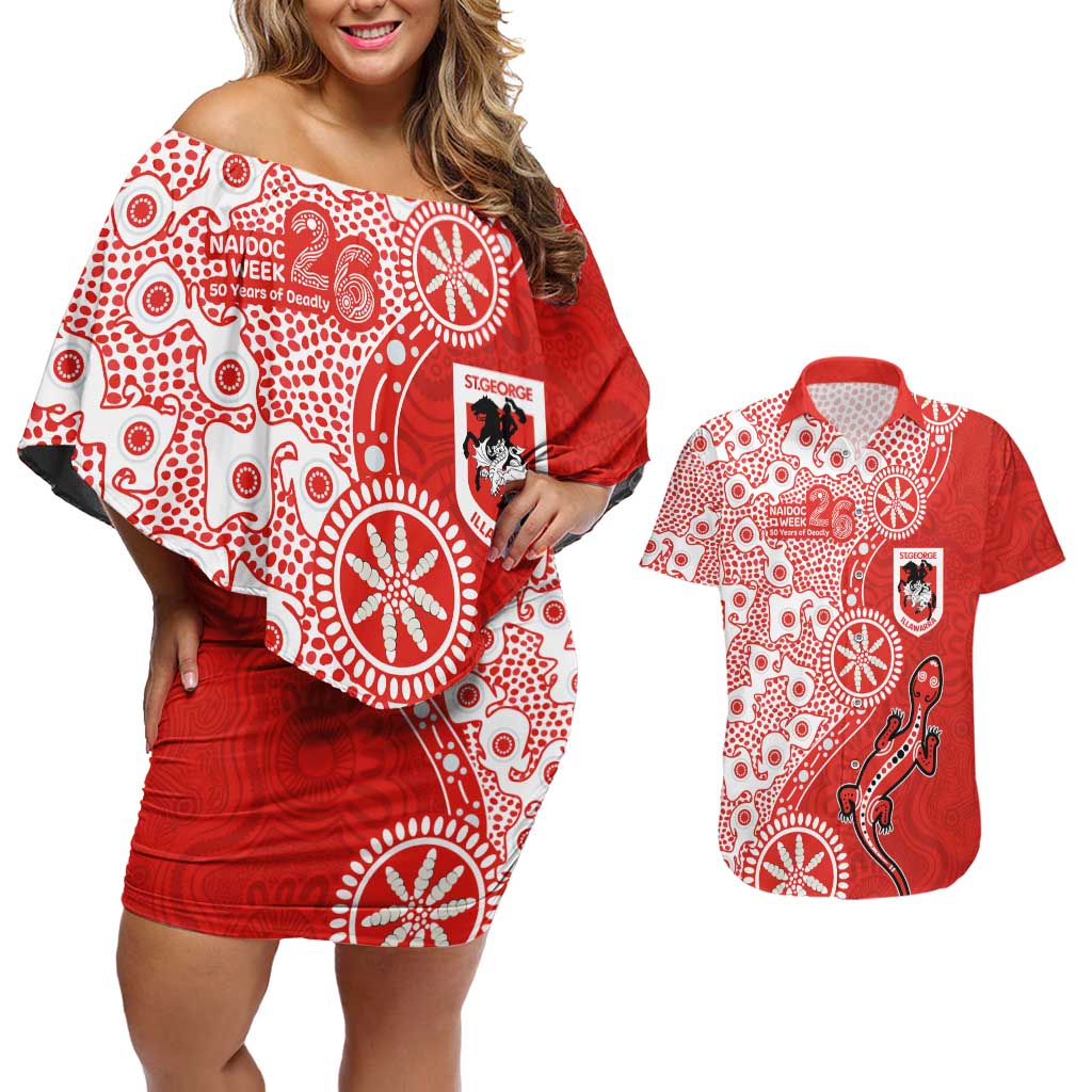 St George Illawarra Dragons NAIDOC Week 2026 Couples Matching Off Shoulder Short Dress and Hawaiian Shirt Aboriginal Lizard Dot Painting - 50 Years of Deadly