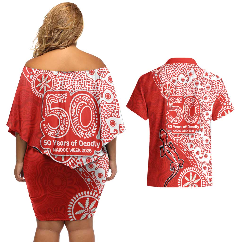 St George Illawarra Dragons NAIDOC Week 2026 Couples Matching Off Shoulder Short Dress and Hawaiian Shirt Aboriginal Lizard Dot Painting - 50 Years of Deadly